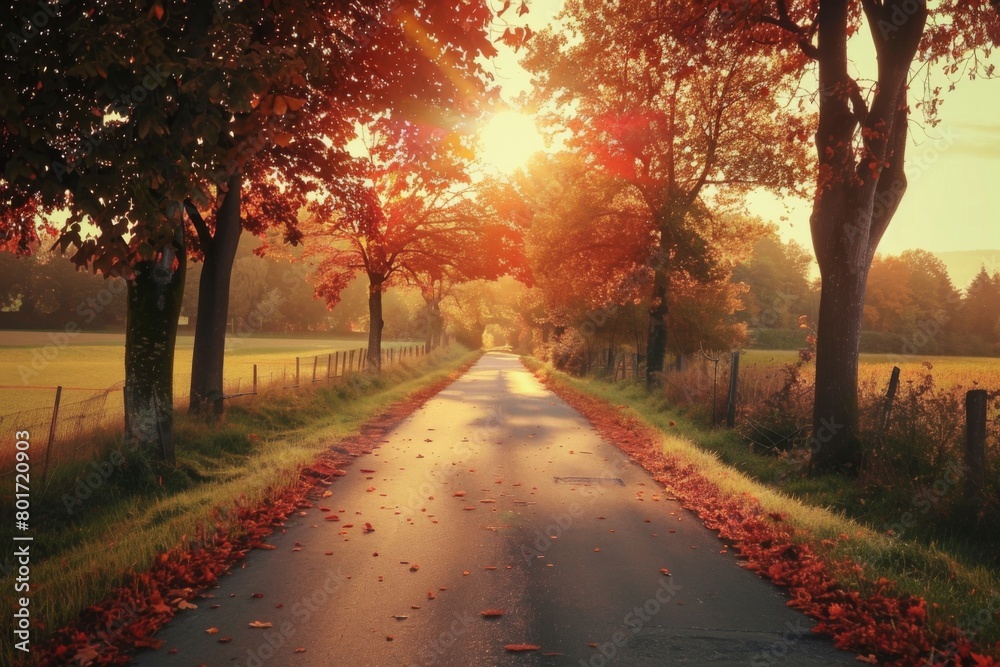 Sunrise on a Country Road Lined with Autumn Trees