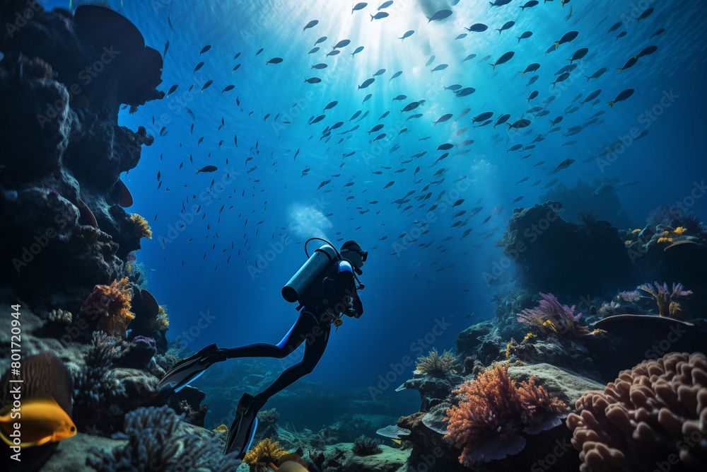 Fototapeta premium scuba diver and reef with fish