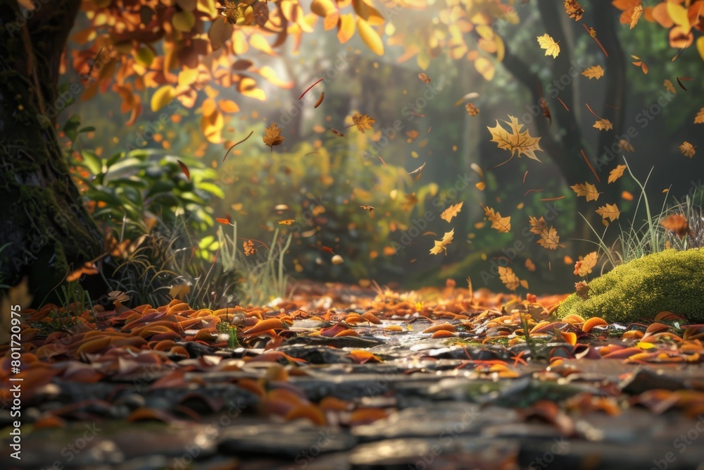Enchanted Forest Path with Floating Autumn Leaves