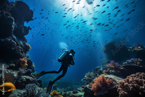 scuba diver and reef with fish