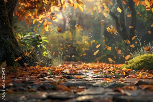 Enchanted Forest Path with Floating Autumn Leaves