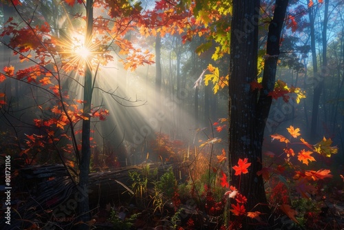 Sunburst Through Autumn Leaves in Misty Forest