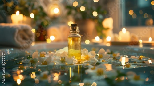 A peaceful scene of a bathtub surrounded by candles with a bottle of jasminescented bath oil floating in the water.