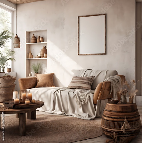  Mockup frame in nomadic boho interior background with rustic decor  3d render 