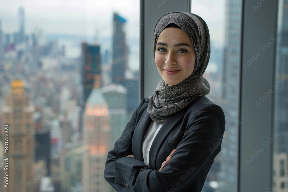 Arab businesswoman wearing black suit standing in modern office Arab businesswoman wearing black suit standing in modern office
