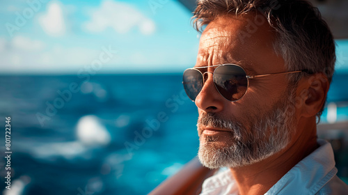 Nautical Upper class Bliss: Middle-Aged Man with Sunglasses  Enjoying Summer Vacation on His Yacht, Basking in the Sunlight of Open Sea. photo