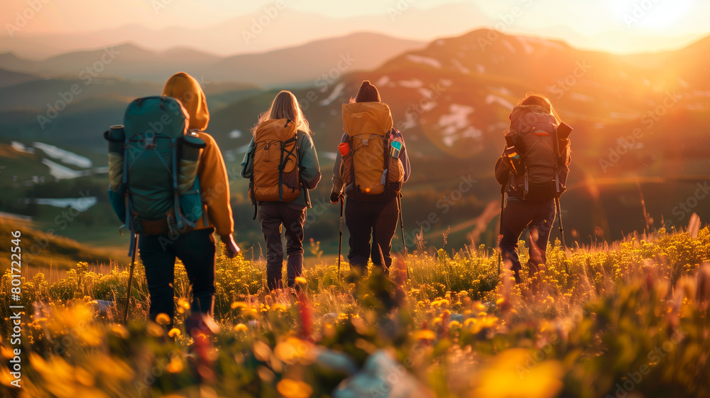 Hiking Enthusiasts: Group of Friends Equipped with Backpacks, Gathering Amidst Vibrant Wildflowers and Rolling Meadows for an Evening Trek