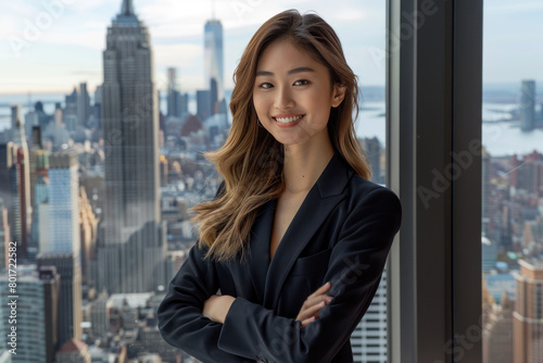 Asian businesswoman wearing black suit standing in modern office