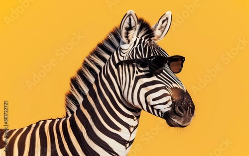 Creative animal concept. Zebra with sunglasses isolated on pastel yellow background.