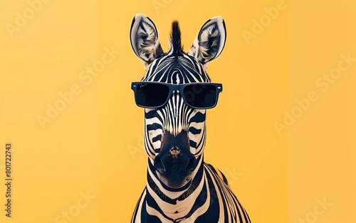 Creative animal concept. Zebra with sunglasses isolated on pastel yellow background.