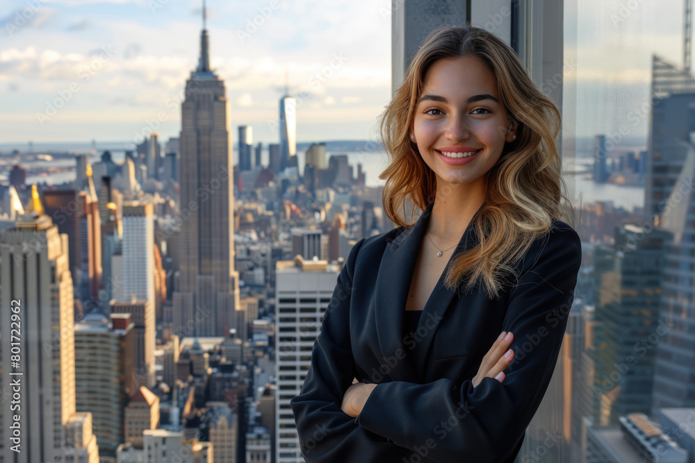 Caucasian businesswoman wearing black suit standing in modern office Caucasian businesswoman wearing black suit standing in modern office