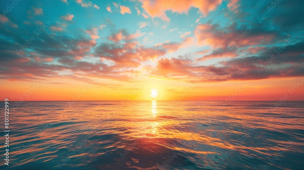 amazing shot of a calm blue sea on orange sunset background. Colorful Ocean Wave. clam Sea water.