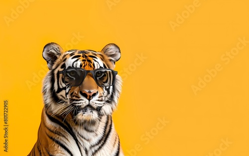 Creative animal concept. Tiger with sunglasses isolated on pastel yellow background. 