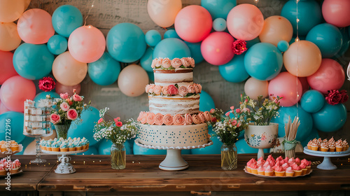 Festive Birthday Bash: Vibrant Wall Decorations Adorning the Place with a Table Laden with Delectable Cakes, Sweets and balloons 