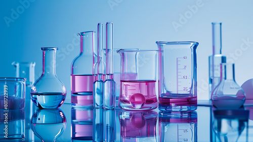 Glass Chemistry Lab Equipment with Pink and Blue Tones