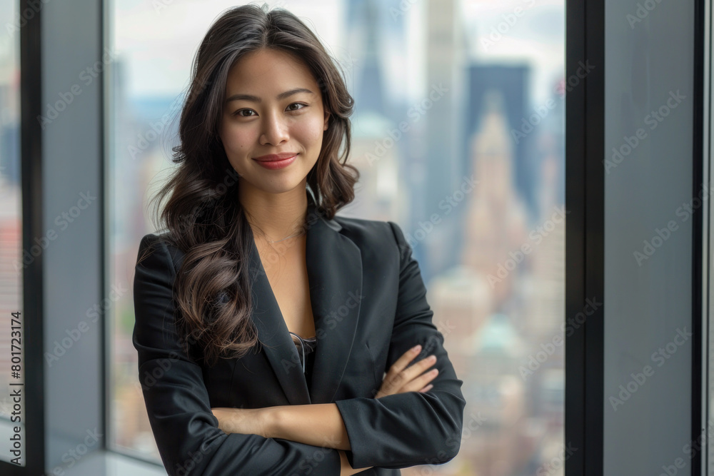 Malay businesswoman wearing black suit standing in modern office Malay businesswoman wearing black suit standing in modern office