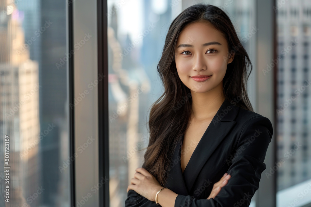 Malay businesswoman wearing black suit standing in modern office Malay businesswoman wearing black suit standing in modern office