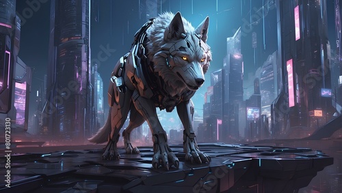 Majestic wolf strolling through a city at night, creating a captivating scene. Perfect for wolf wallpaper.