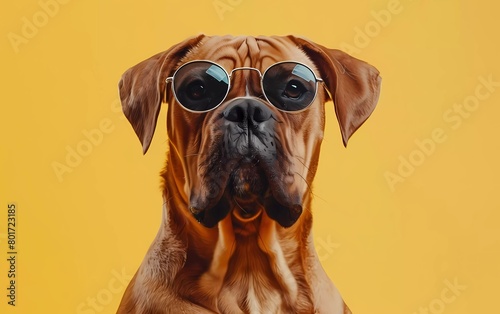 Creative animal concept. Dog with sunglasses isolated on pastel yellow background.  © munja02
