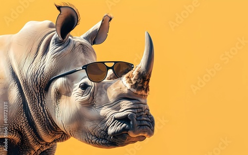 Creative animal concept. Rhino with sunglasses isolated on pastel yellow background.  © munja02