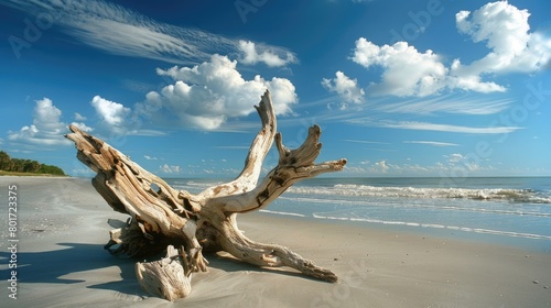 A majestic piece of driftwood rests on the sandy beach under the colorful sunset sky  creating a beautiful natural landscape art piece with the surrounding clouds  water  and trees AIG50