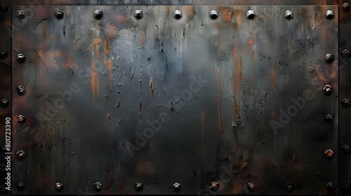 A large, dark, rusted metal plate with a vintage, retro, grungy texture serves as an industrial mechanic decoration surface.