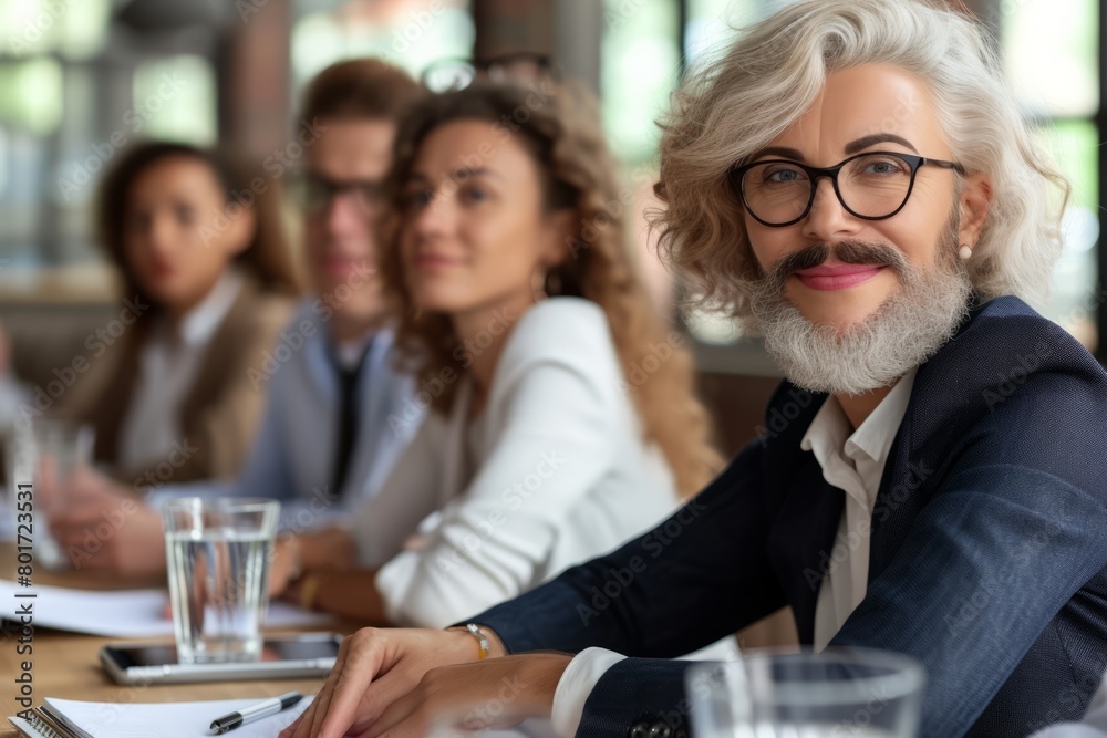 Portrait of mature businessman in eyeglasses sitting at table with colleagues in background Portrait of mature businessman in eyeglasses sitting at table with colleagues in background