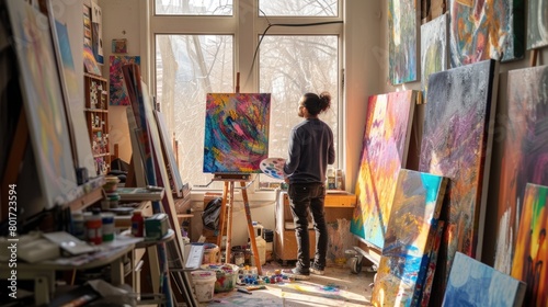 A painter stands back to ponder the progress of a vibrant abstract painting in a bright, art-filled studio. AIG41