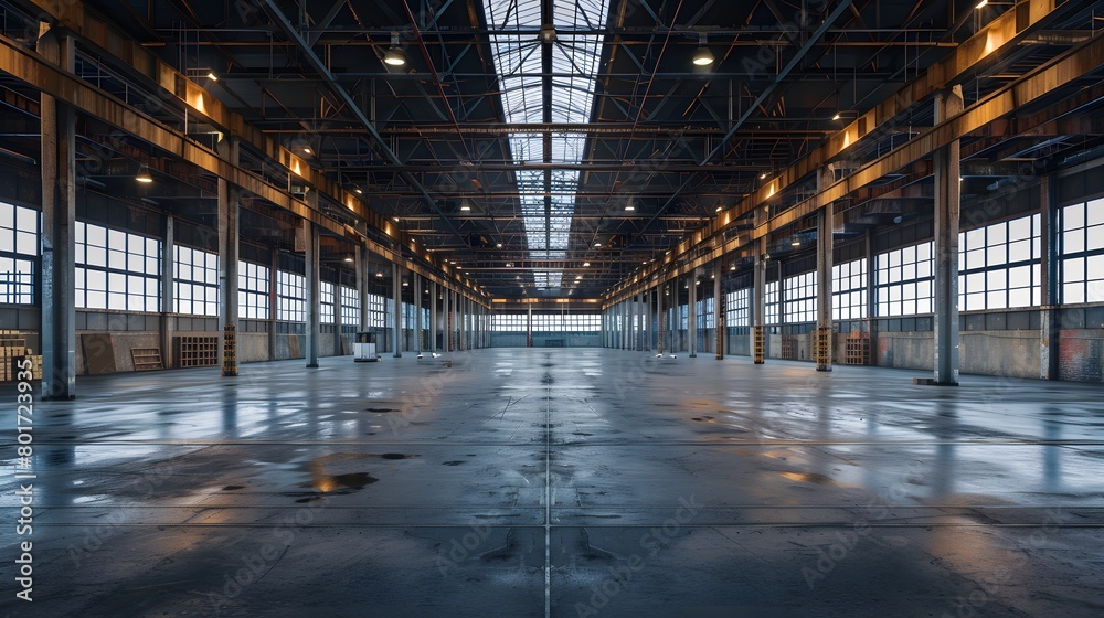 A warehouse with concrete floors and high ceilings exhibited the industrial architecture of an open space, ideal for displaying goods or arranging events, enhancing business shipping transportation. A warehouse with concrete floors and high ceilings exhibited the industrial architecture of an open space, ideal for displaying goods or arranging events, enhancing business shipping transportation.