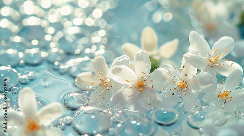 White jasmine flowers in blue transparent water. Summer floral composition with sun and shadows. Nature concept. Selective focus