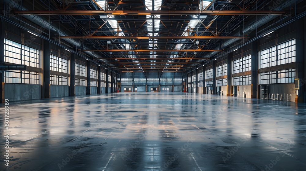 A warehouse with concrete floors and high ceilings exhibited the industrial architecture of an open space, ideal for displaying goods or arranging events, enhancing business shipping transportation.