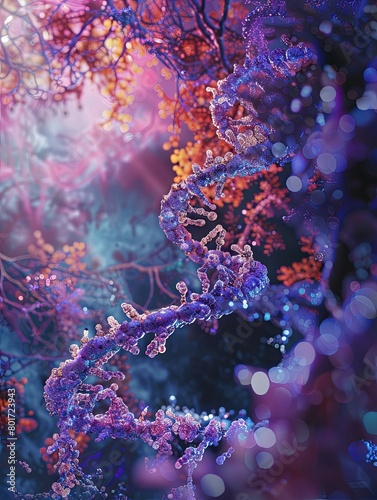 Vibrant 3D portrayal of a DNA double helix - A mesmerizing 3D depiction of a spiraling DNA double helix against a backdrop of cell-like structures
