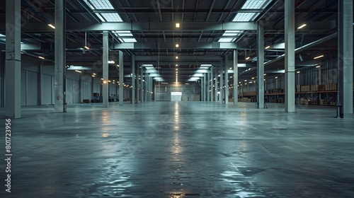 A warehouse with concrete floors and high ceilings exhibited the industrial architecture of an open space, ideal for displaying goods or arranging events, enhancing business shipping transportation. photo