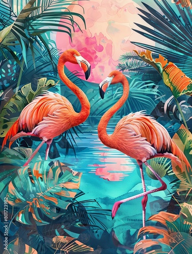 Two flamingos in a lush tropical paradise - A pair of graceful flamingos stand amidst a lush tropical setting  with intricate foliage and water reflection