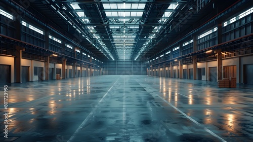 A warehouse with concrete floors and high ceilings exhibited the industrial architecture of an open space, ideal for displaying goods or arranging events, enhancing business shipping transportation.