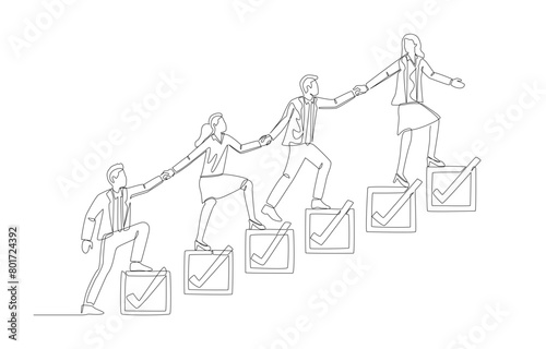 Continuous one line drawing of colleagues holding hands and stepping up stairs of completed checkboxes, team project progress or team workflow concept, single line art.