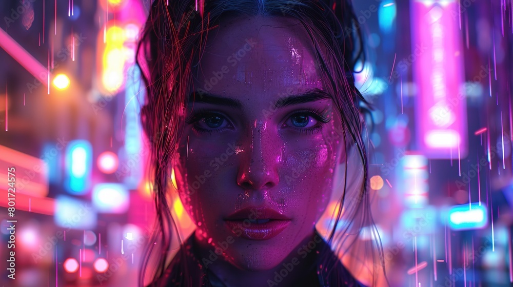 Close-up front view of a cyberpunk girl standing against the background of a future night city in the rain. Close-up front view of a cyberpunk girl standing against the background of a future night city in the rain.