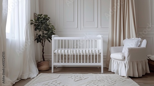 Bright baby minimal nursery room interior with a white crib.