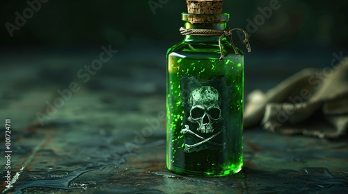 The poison is a green liquid in a glass bottle with a picture of a skull and bones on the label.