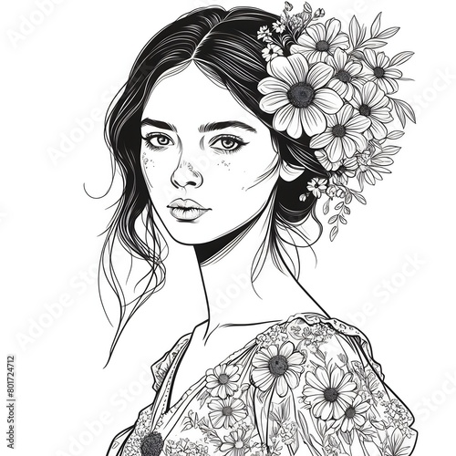 A stunning art portrait featuring a beautiful girl in a floral dress, adorned with flowers in her hair, radiating elegance and natural beauty.
