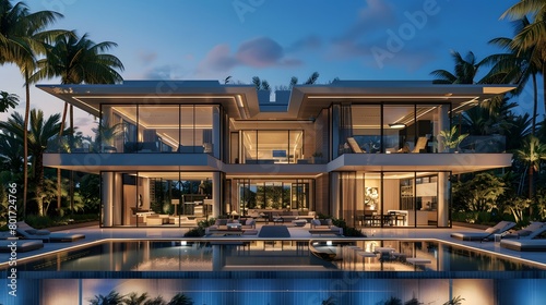 A luxurious modern villa mansion in Miami, with a garden and a swimming pool, is surrounded by palm trees, offering a tropical vacation vibe and large windows for a grand view. © horizor