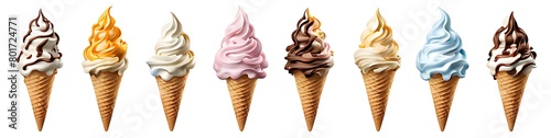 Set of Soft serve Yoghurt Ice cream swirl on waffle cone cutout, Many assorted different flavour Mockup template for artwork design.  photo