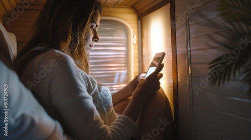 A person with fibromyalgia uses a mobile infrared sauna at home finding comfort in being able to take their sauna sessions with them wherever they go. This allows them to manage their. photo