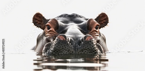 A hippopotamus mostly submerged in water against a white background