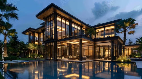 A luxurious modern villa mansion in Miami, with a garden and a swimming pool, is surrounded by palm trees, offering a tropical vacation vibe and large windows for a grand view.