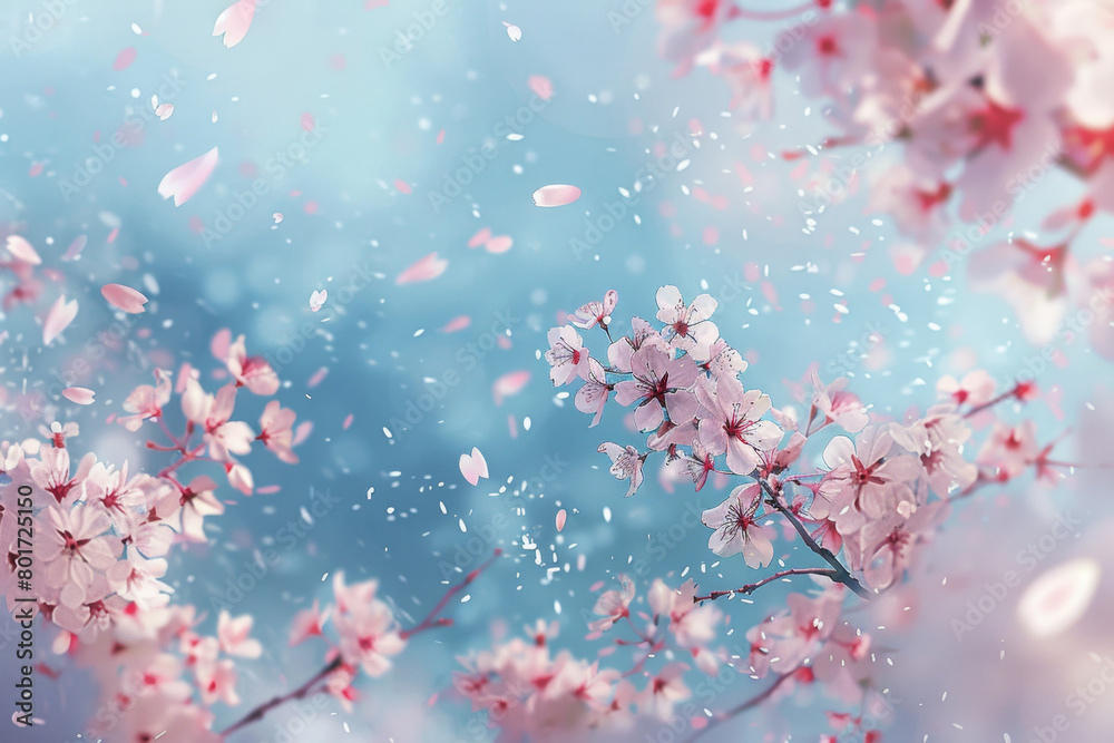 cherry blossom, pastel watercolor background, soft blue sky, delicate flowers in the foreground, petals flying in wind, romantic illustration, dreamy atmosphere, light pink and white tones