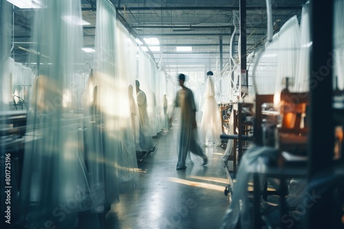 technological background workers in motion in the factory blurred. Chinese Clothing Factory with blurred Workers