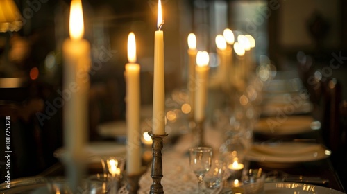 A long narrow dining table is lined with a row of elegant taper candles as the centerpiece creating a dramatic and intimate ambiance. 2d flat cartoon.