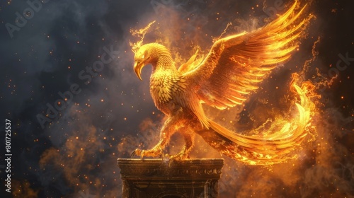 A wise and ancient phoenix its fiery feathers pulsing with energy perched atop a pedestal where an ancient scroll containing forgotten . . photo