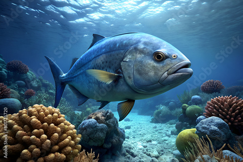 giant trevally fish surrounded by beautiful coral photo